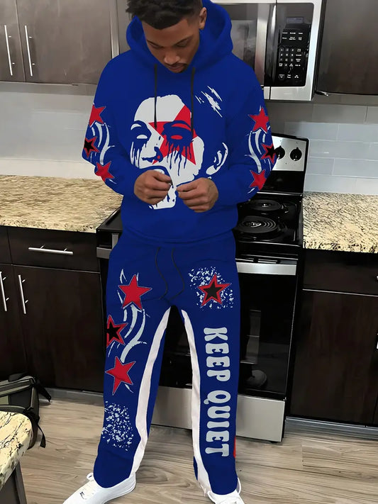 Men's Casual Print Hoodie & Sweatpants Blue Set