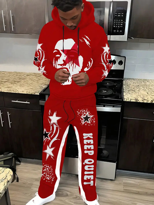 Men's Casual Print Hoodie & Sweatpants Red Set