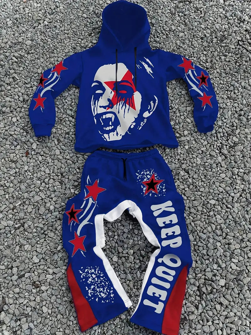 Men's Casual Print Hoodie & Sweatpants Blue Set